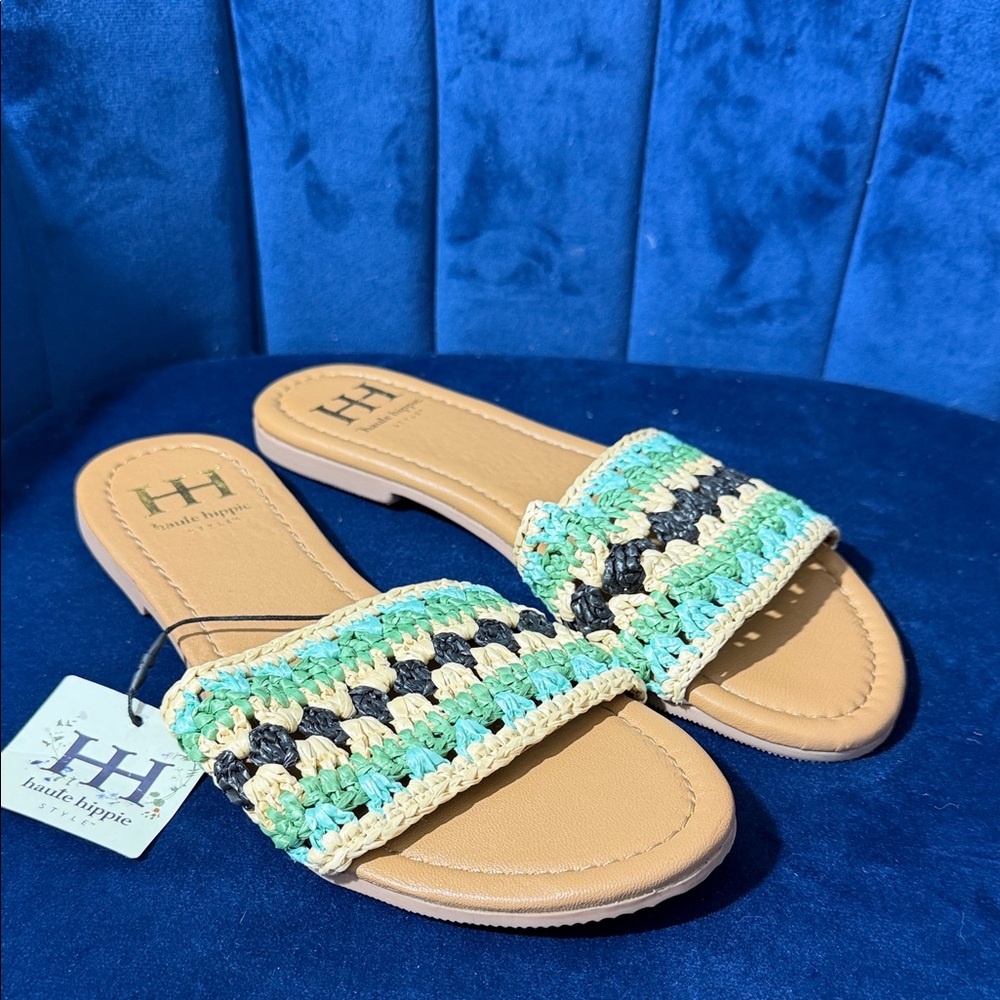 Haute Hippie Crochet Sandals - Green, Black, Cream Size 7 NWT